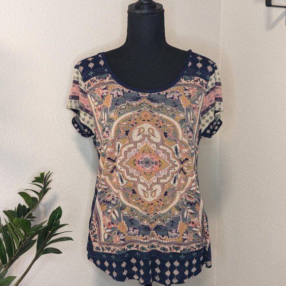 Lucky Brand‎ Persian Carpet Blue Scoop Neck Short Sleeve - Picture 1 of 6